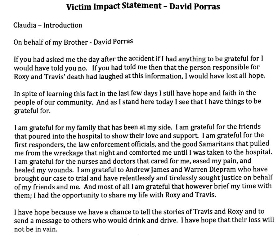 VICTIM IMPACT STATEMENT OF THE LONE SURVIVOR OF THE WRONG WAY DRIVER