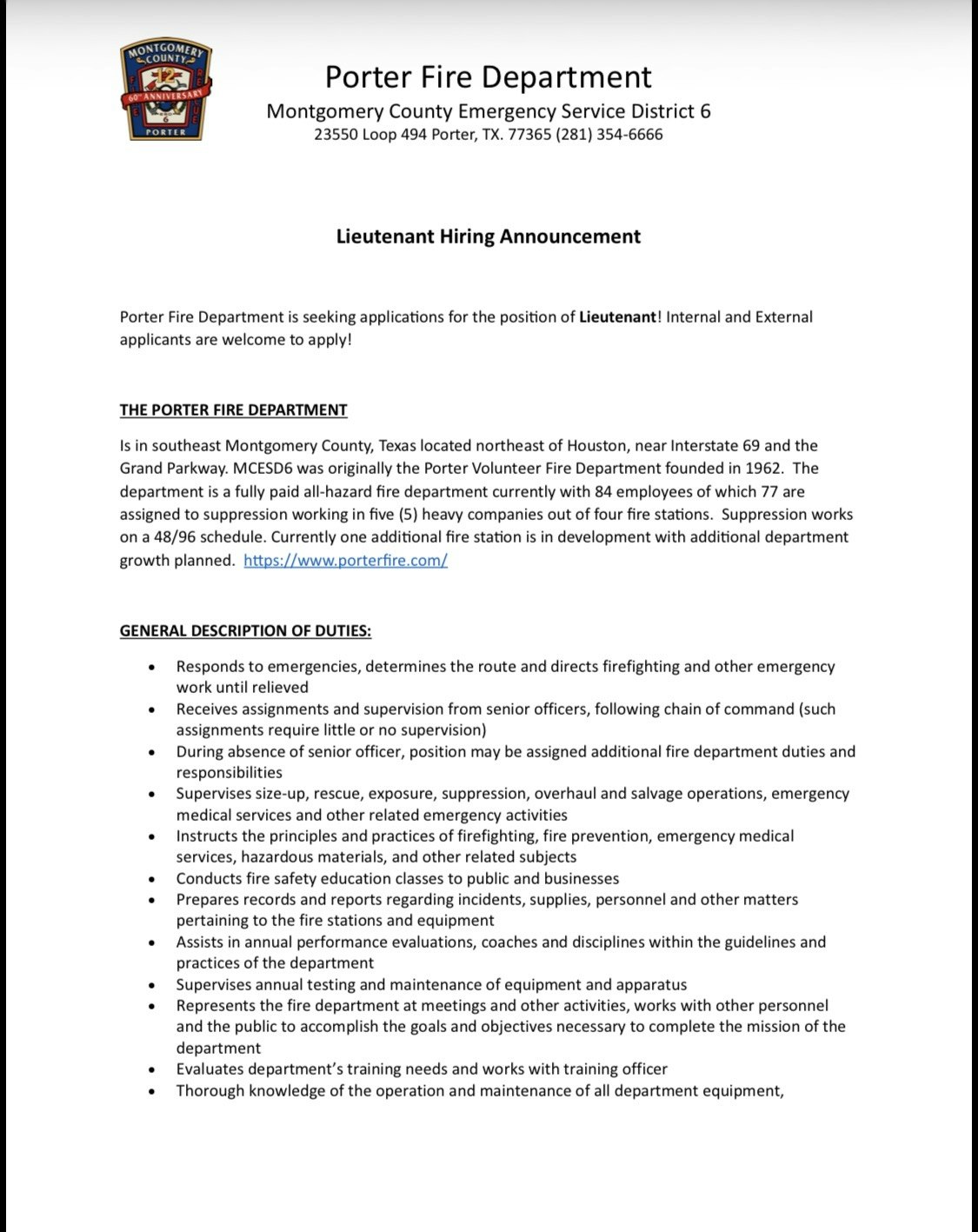 Porter Fire Department: Lieutenant Hiring Announcement